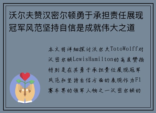 沃尔夫赞汉密尔顿勇于承担责任展现冠军风范坚持自信是成就伟大之道