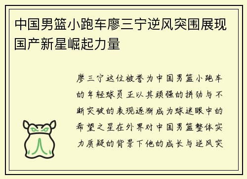 中国男篮小跑车廖三宁逆风突围展现国产新星崛起力量